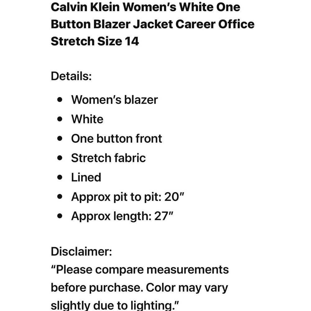 Calvin Klein White Blazer Women One Button Blazers Jacket Size 14 Career O - Picture 12 of 13